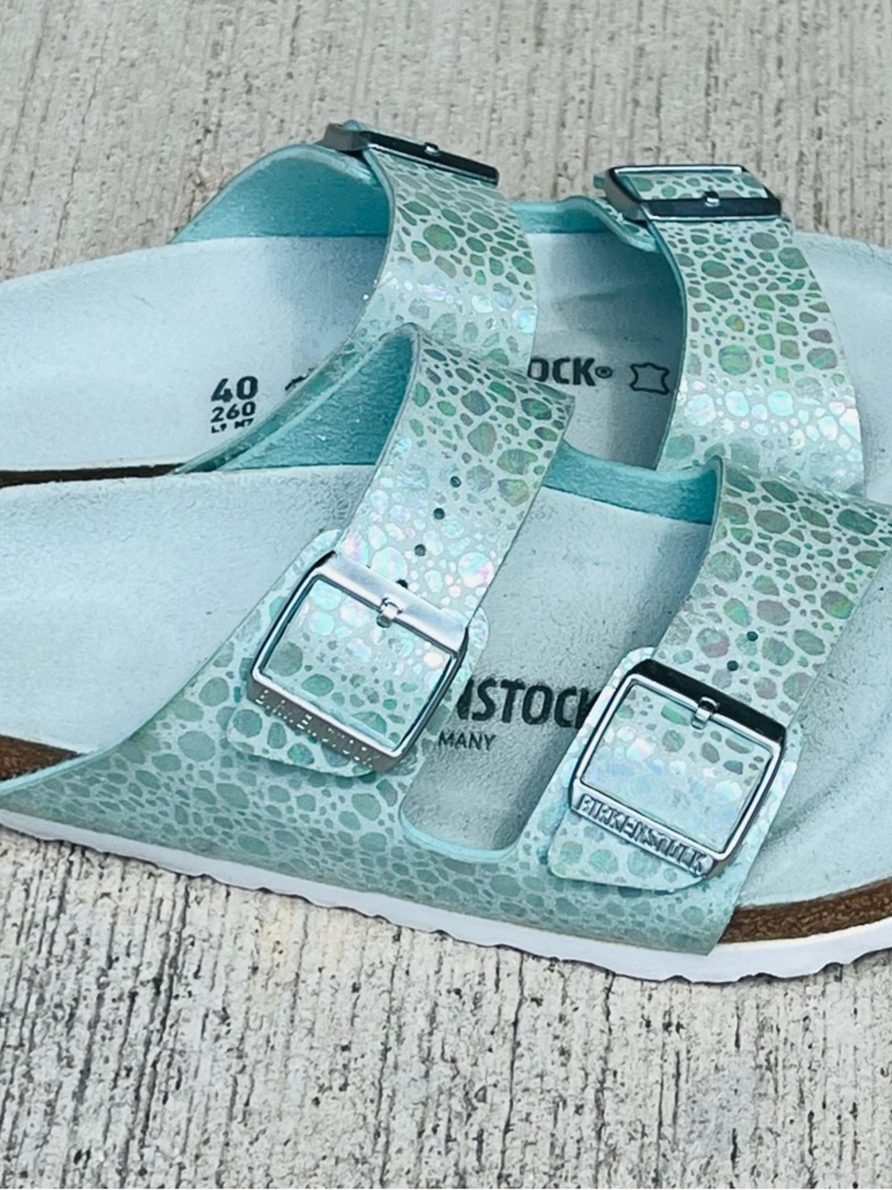 Birkenstock Women’s Light Aqua Iridescent Mermaid Two-Buckle Arizona Sandals 40 - Picture 3 of 10